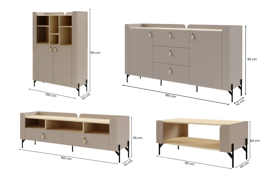 Maßangaben für SOVI Highboard, Sideboard, Lowboard und Couchtisch im Überblick.