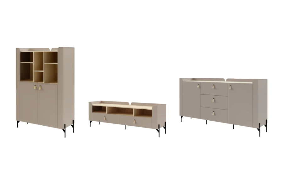 Moderne SOVI Wohnzimmermöbel in Eiche-Optik und Taupe auf schlanken schwarzen Füßen.