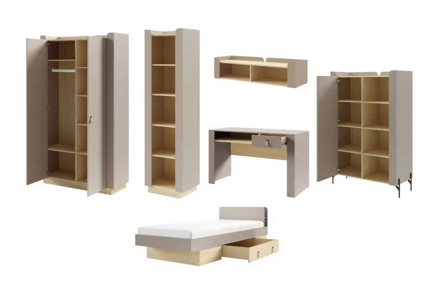 Verschiedene Möbelstücke der SOVI Serie wie Kleiderschrank, Regal, Schreibtisch und Jugendbett mit Schublade.
