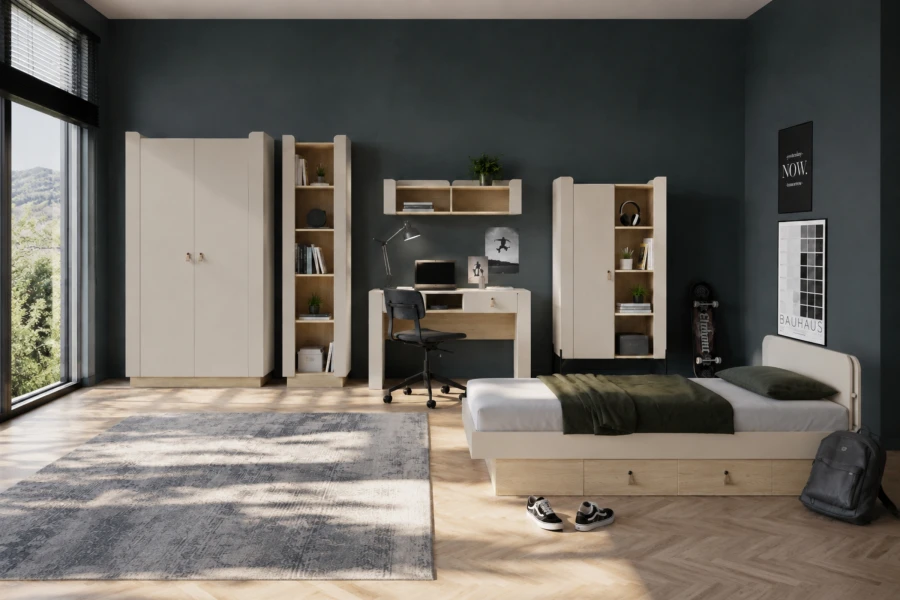 Modernes Jugendzimmer-Design mit dunklen Wänden, Bett, Schreibtisch und stilvollen Holzmöbeln.