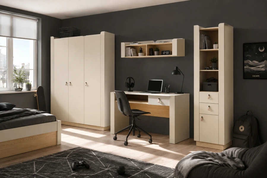 Arbeitsbereich im Jugendzimmer mit modernem Schreibtisch, schwarzem Stuhl und hohem Bücherregal.