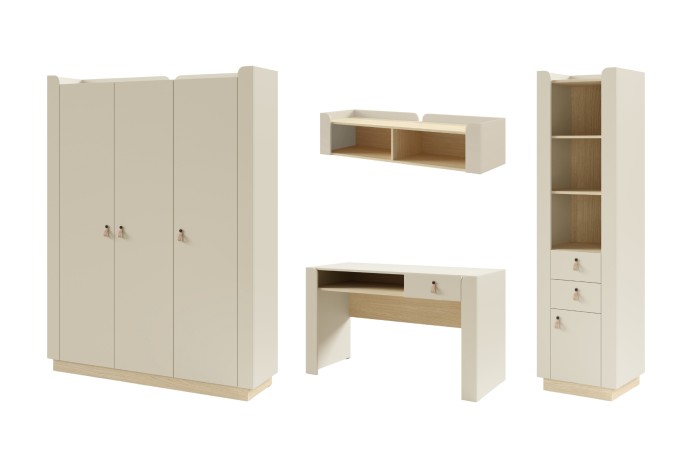 Komplette Jugendzimmer Möbelserie in Beige und Eiche auf weißem Hintergrund freigestellt.
