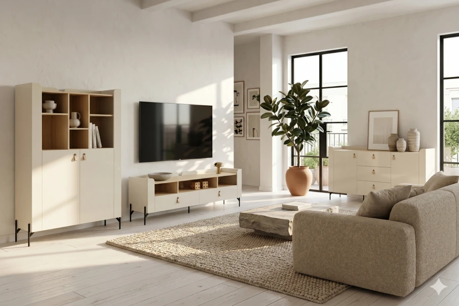 Skandinavisches Wohnzimmer-Set mit TV-Board, Sideboards und hellem Sofa.