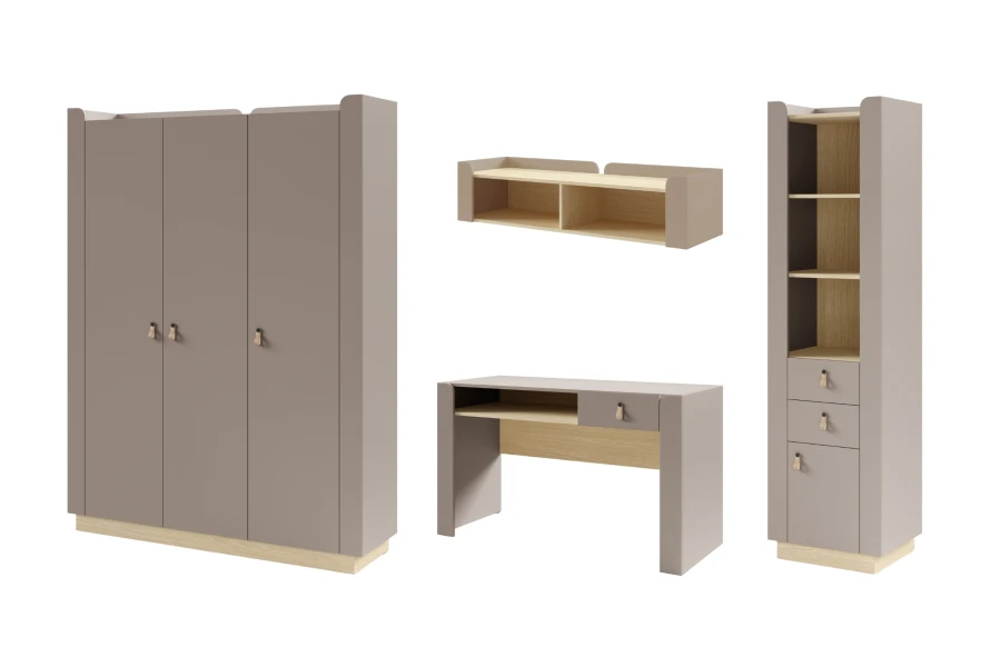 4-teiliges Möbel-Set für Jugendzimmer in Taupe und Eiche-Optik.