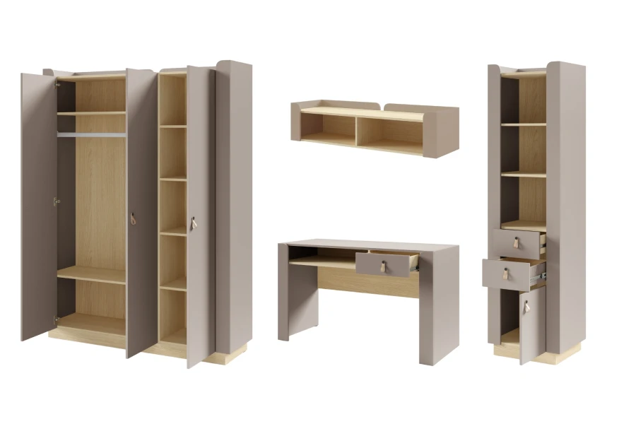 Geöffnete Jugendzimmer-Möbel in Taupe zeigen Inneneinteilung und Stauraum.