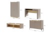 Maße für Kleiderschrank, Schreibtisch, Wandregal und Sideboard in Beige und Eiche-Optik.
