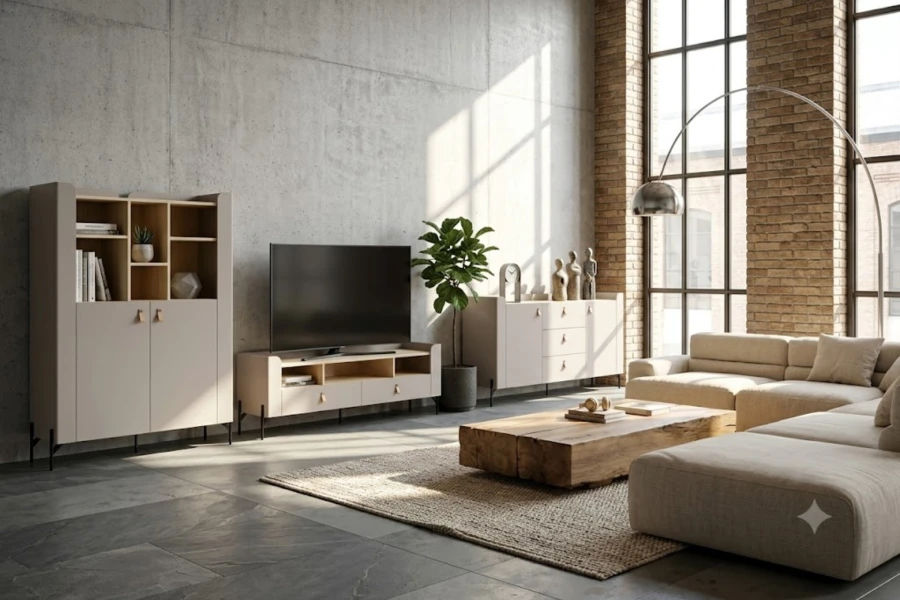 Wohnzimmer im Loft-Stil mit TV-Möbeln in Beige, Betonwand und großem Panoramafenster.