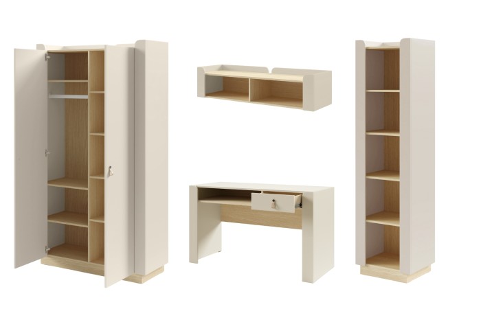 Set aus Kleiderschrank, Wandboard, Schreibtisch und Regal in Beige und Eiche für das Kinderzimmer.