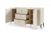 Geöffnetes Sideboard in Beige zeigt Stauraum mit Fachböden und drei ausgezogenen Schubladen.