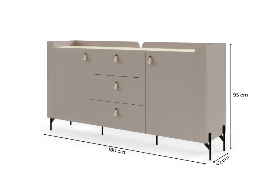 Dunkelgraues Sideboard mit Maßen (180x95x42 cm), drei Schubladen und Ledergriffen.