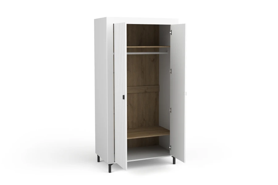 Zweitüriger weißer Kleiderschrank mit geriffelten Fronten, offen mit Blick auf Holzausstattung.