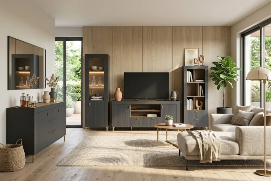 Modernes Wohnzimmer-Set in Anthrazit mit TV-Board, Highboard und Vitrine für ein stilvolles Zuhause.