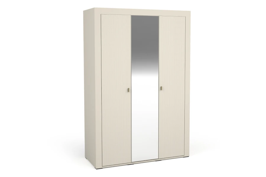 Moderner 3-türiger Kleiderschrank in Beige mit Spiegel und feiner Rillenstruktur.