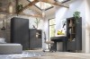 Home-Office Einrichtung im Loft-Stil mit anthrazitfarbenem Schreibtisch und Wandregalen.