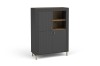 Modernes Highboard in Anthrazit mit geriffelten Fronten, goldenen Füßen und offenem Holzregal.