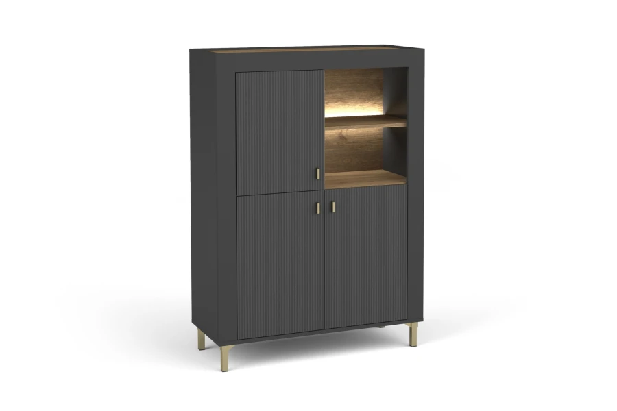 Anthrazitfarbenes Highboard mit LED-Beleuchtung im offenen Fach und eleganten goldenen Griffen.