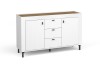 Modernes weißes Sideboard mit drei Schubladen, zwei Türen und Eichen-Details.