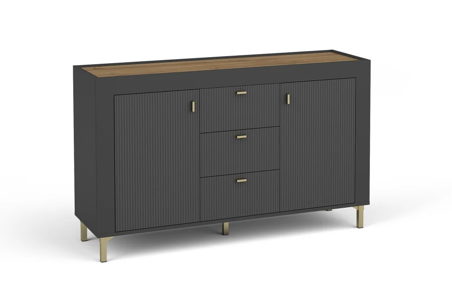 Stilvolles Sideboard in Anthrazit mit geriffelten Fronten und Holz-Oberplatte.