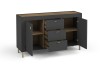 Modernes Sideboard in Anthrazit und Eiche mit offenen Türen und Schubladen sowie goldenen Füßen.