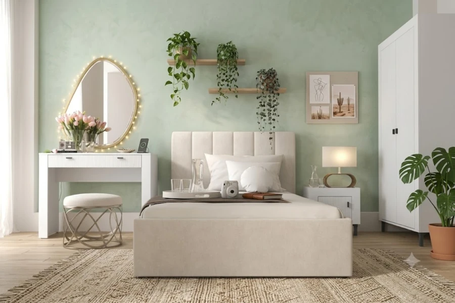 Gemütliches Schlafzimmer mit beigem Polsterbett, weißem Schminktisch und Kleiderschrank vor hellgrüner Wand.