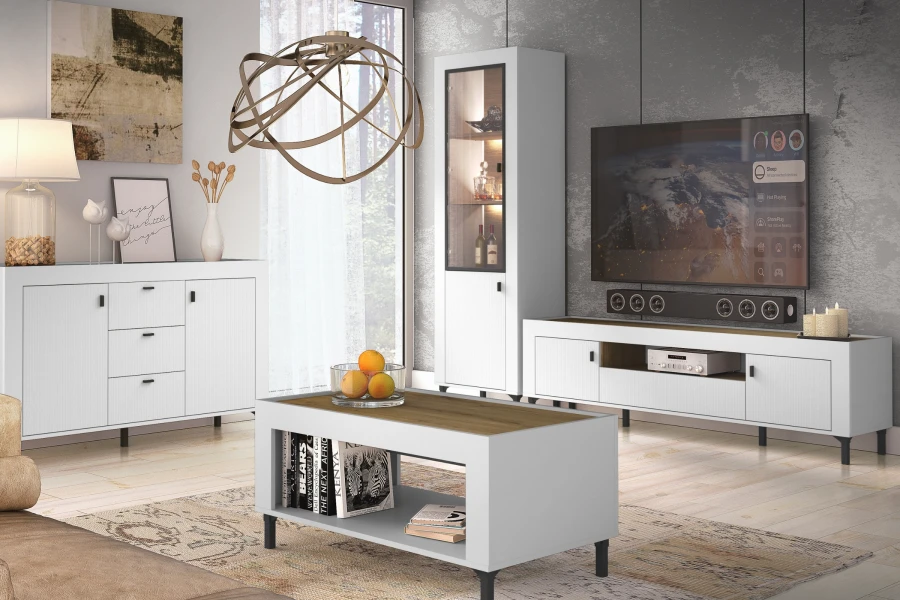 Modernes Wohnzimmer-Set in Weiß bestehend aus TV-Unterschrank, Sideboard, Vitrine und Couchtisch.