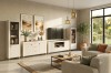 Helles Wohnzimmer-Set in Beige mit TV-Lowboard, Sideboard und Vitrine in modernem Design.