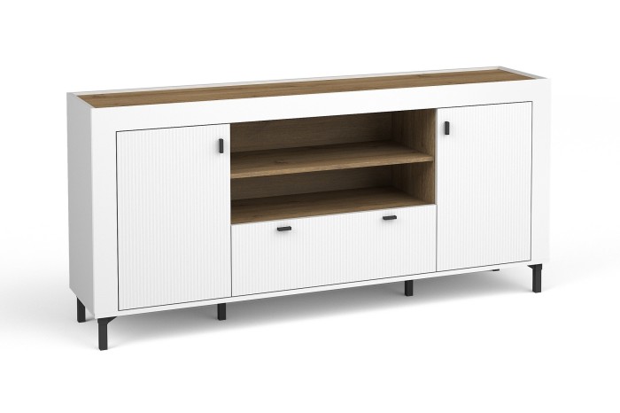 Modernes Sideboard MO 7 in Weiß und Whisky Eiche mit offenen Fächern und schwarzen Metallfüßen.