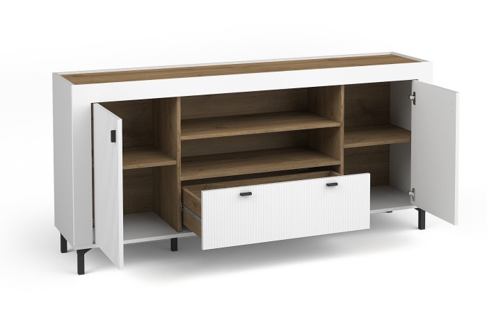 Geöffnetes weißes Sideboard MO 7 mit Blick auf die Innenaufteilung und Schublade in Holzoptik.
