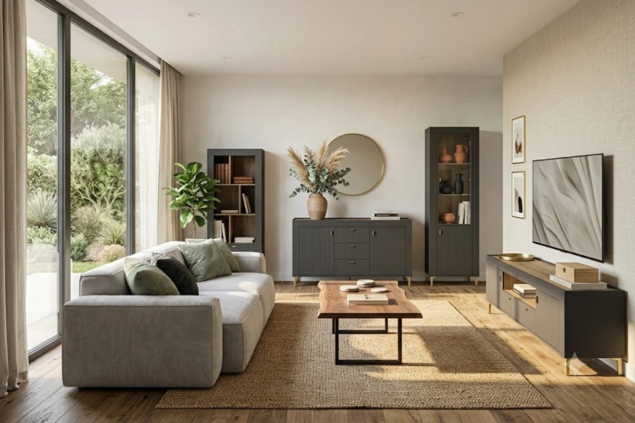 Modernes Wohnzimmer mit grauem Sofa, anthrazitfarbenen Möbeln und hellem Holzfußboden.