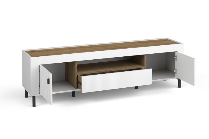 TV-Board in Weiß und Eiche mit geöffneten Türen und Schublade zur Ansicht.