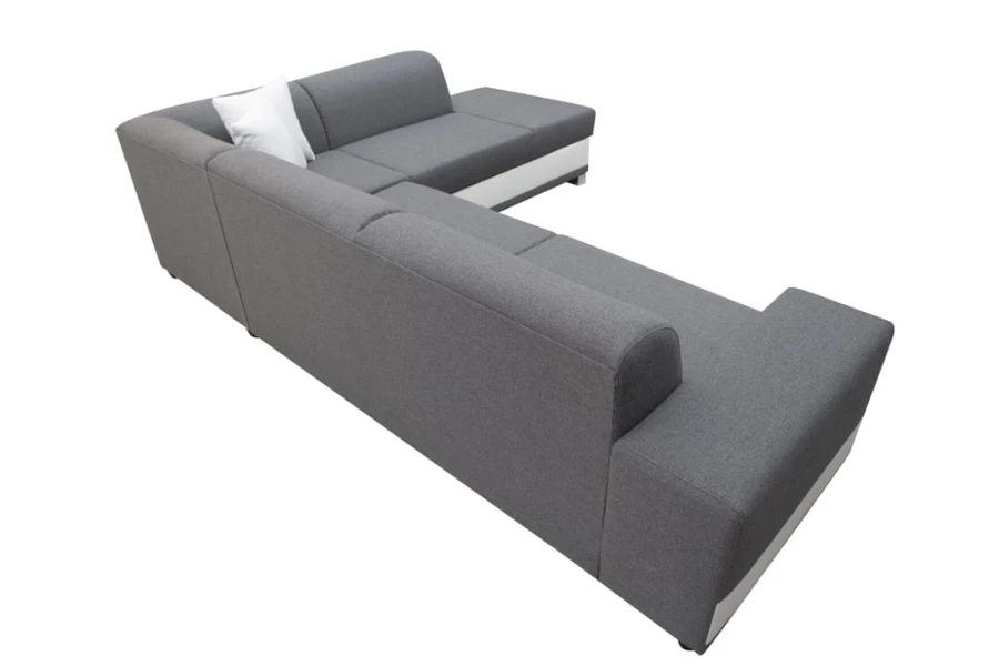 Graues Ecksofa Rückansicht mit weißem Unterbau