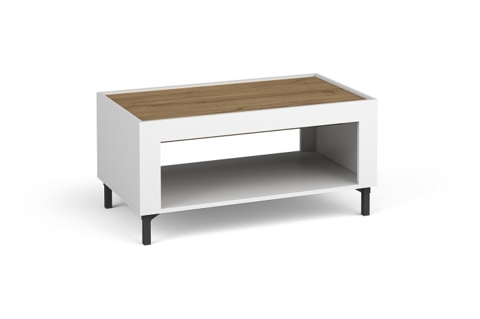 Moderner Couchtisch in Weiß mit Tischplatte in Eichen-Optik und schwarzen Metallbeinen.