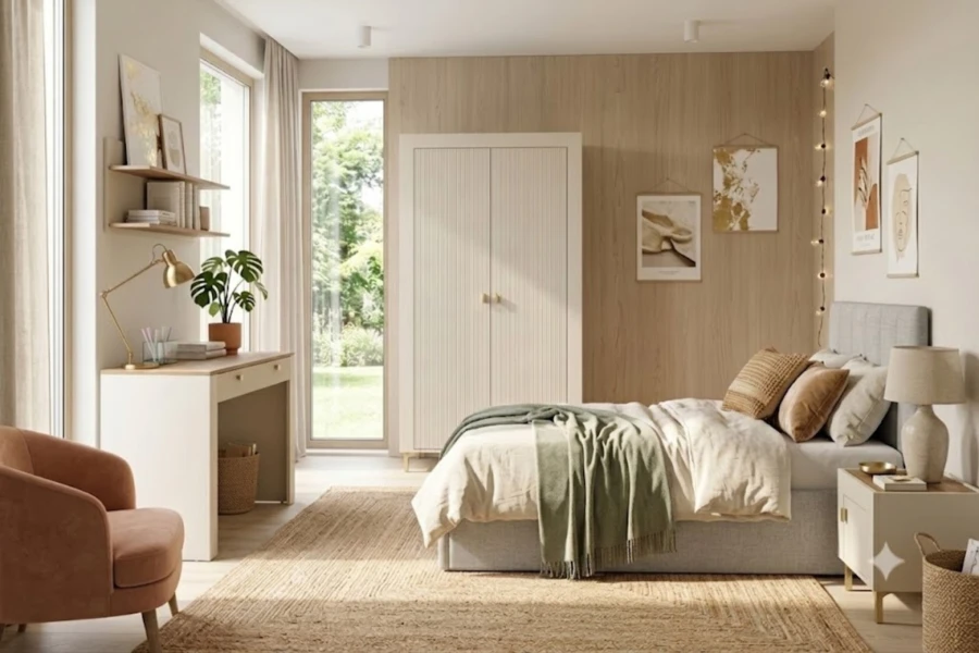Schlafzimmer-Einrichtung mit Schreibtisch, Kleiderschrank und gemütlichem Bett in Naturfarben.