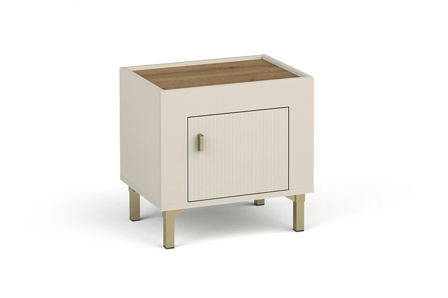 Stilvoller Nachttisch in Beige mit goldfarbenen Füßen und Holzdeckplatte.