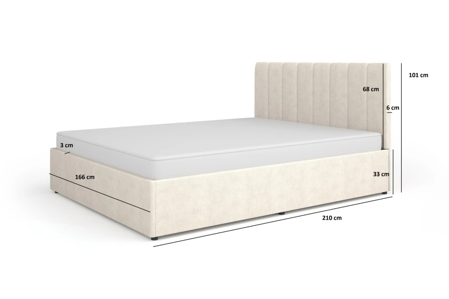Maße für ein breites Doppel-Polsterbett in Beige aus der Moni Kollektion.