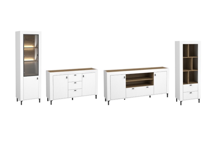 Vierteiliges Moni Möbelset in Weiß und Eiche: Vitrine, Sideboards und Regal für moderne Wohnzimmer.