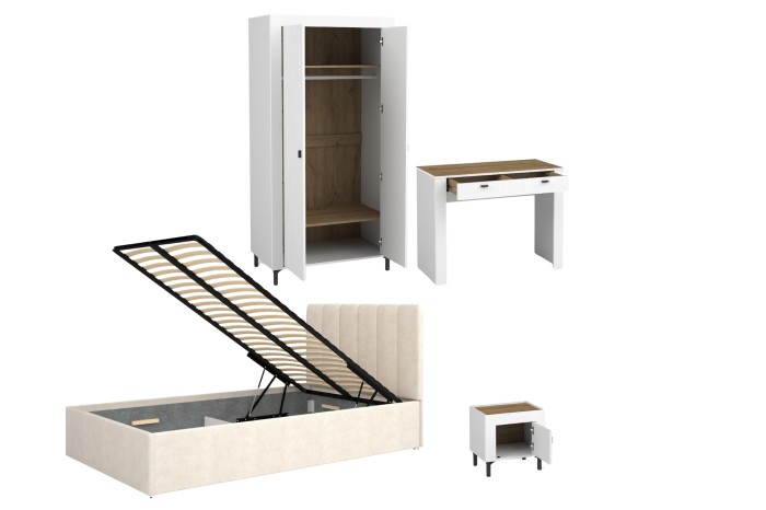 Weißes Möbelset mit offenem Stauraum: Kleiderschrank, Schreibtisch und Bettkasten für das Jugendzimmer.