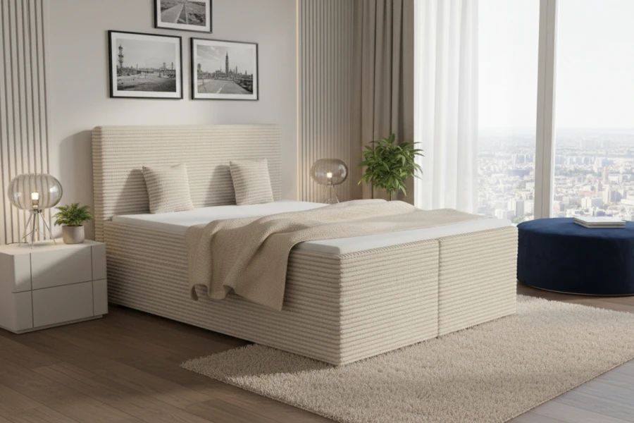 Elegantes Boxspringbett in Creme mit Cord-Bezug für ein gemütliches Schlafzimmer-Ambiente.