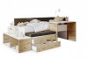 Kompaktes Kinderbett mit integriertem Schreibtisch, Schubladen und Stauraum in Eiche-Optik.