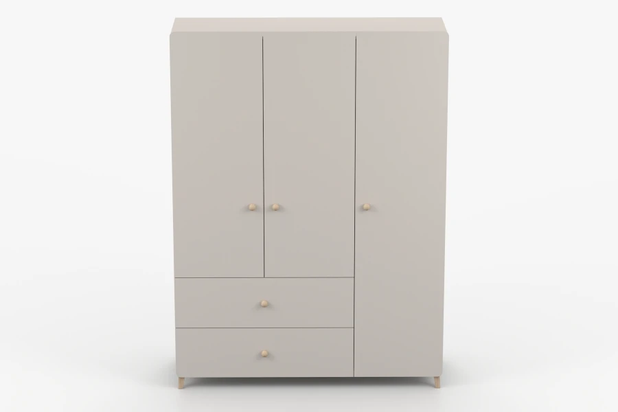 Dreitüriger Kleiderschrank Marco in Beige mit zwei Schubladen und runden Holzgriffen.
