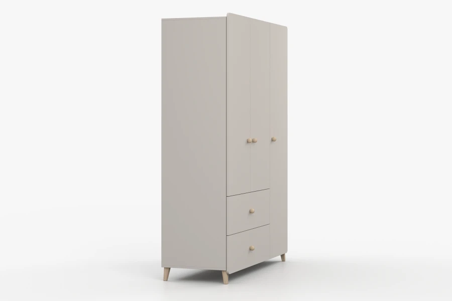 Moderner 3-türiger Kleiderschrank in Beige mit Holzbeinen, Seitenansicht.