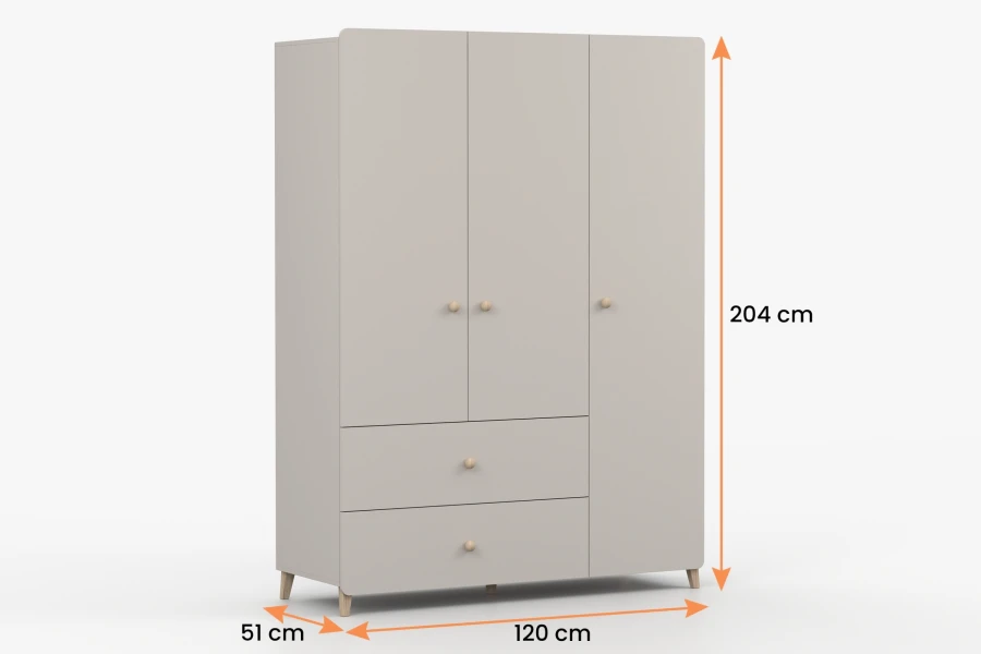 Maßgrafik für beigen Kleiderschrank: Höhe 204 cm, Breite 120 cm, Tiefe 51 cm.