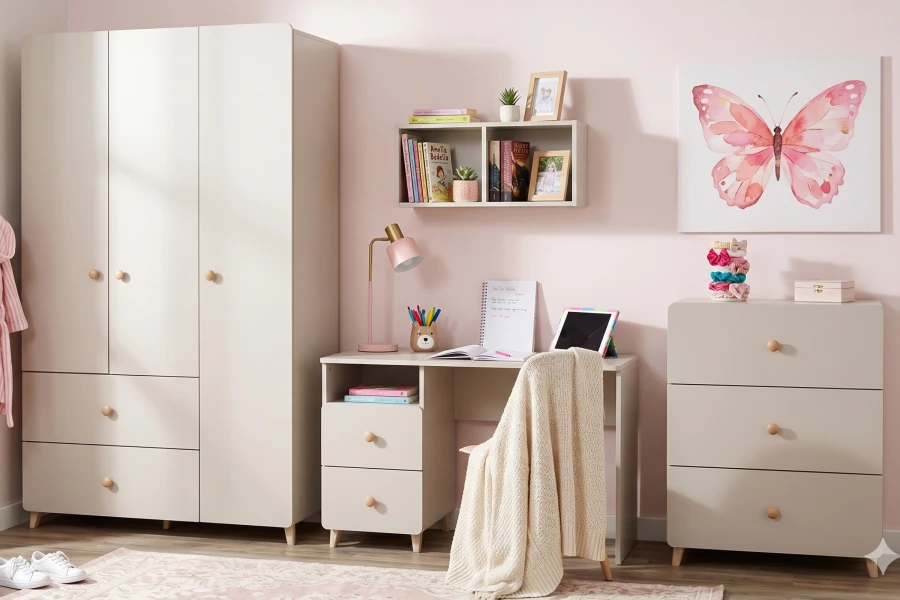 Kinderzimmer-Set Marco in Beige mit Schreibtisch, 3-türigem Kleiderschrank und Kommode.