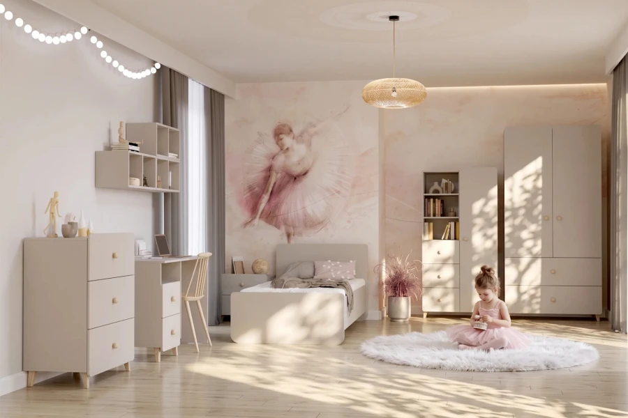 Ballerina-Themenzimmer mit kompletten Marco Möbelset, Bett und gemütlichem Spielbereich.