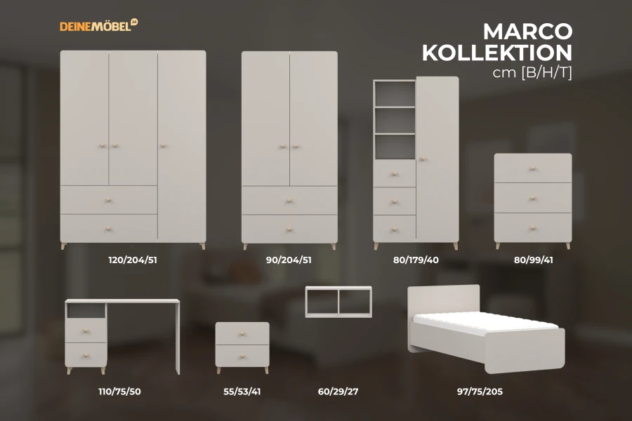 Marco Kollektion Möbelübersicht mit Maßen für Kleiderschrank, Bett und Schreibtisch in Beige.