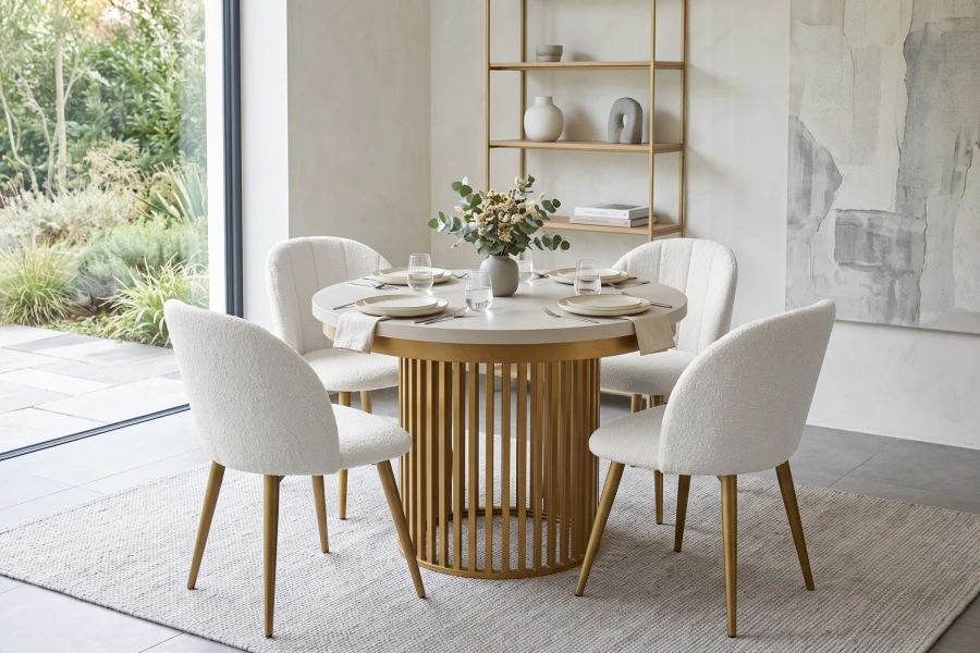 Moderne Essgruppe: Runder Tisch in Gold mit vier weißen Bouclé-Stühlen