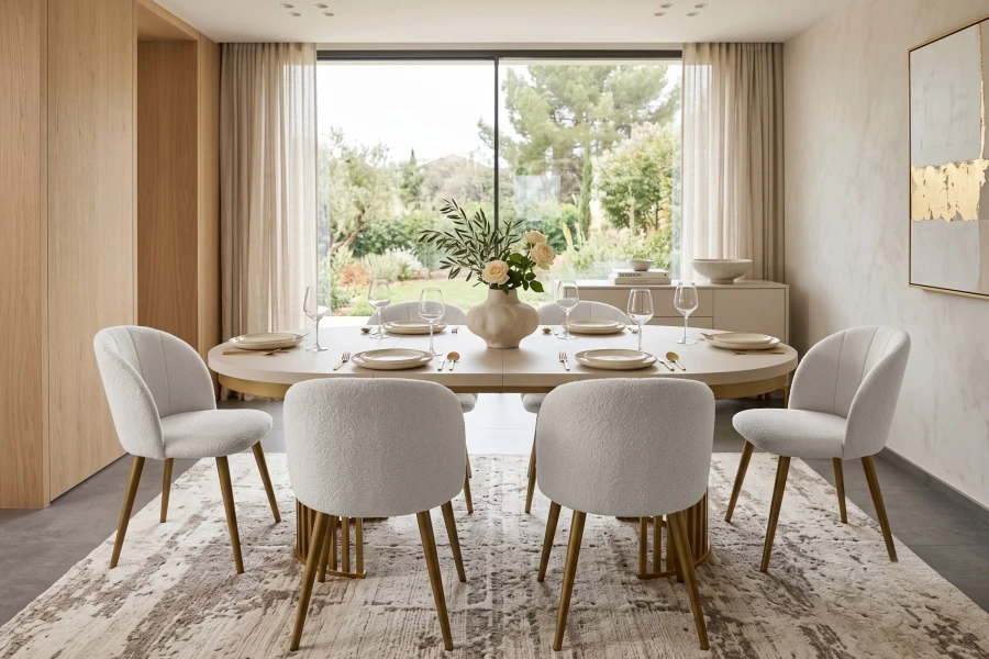 Ovaler Esstisch mit goldenem Gestell und weißen Stühlen im hellen Esszimmer