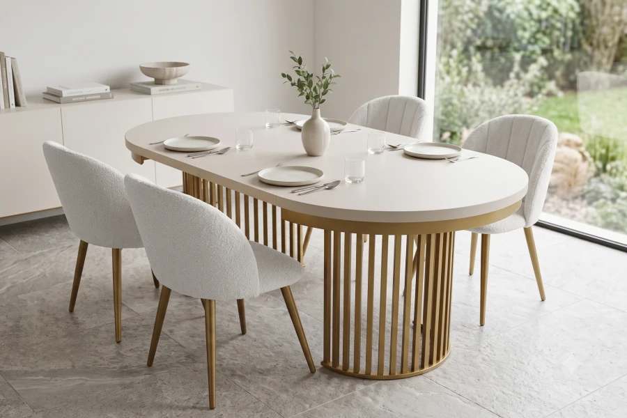 Exklusiver ovaler Design-Esstisch mit Gold-Lamellen und Bouclé-Sesseln