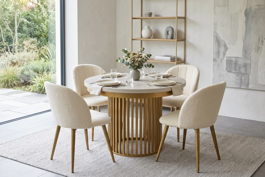 Stilvolles Esszimmer mit rundem Tisch, weißen Stühlen und moderner Dekoration auf einem Teppich.