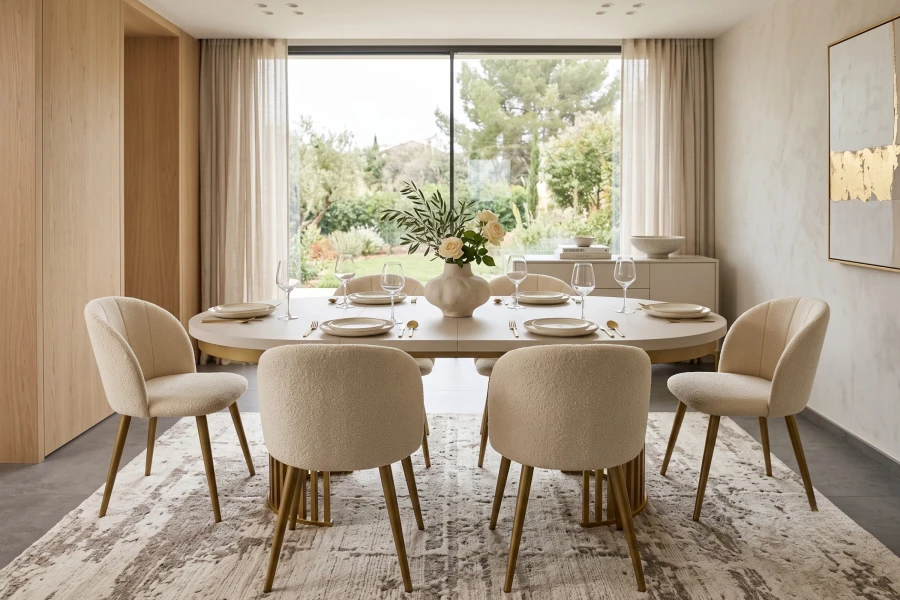 Luxuriöses Esszimmer mit großem ovalen Tisch, sechs Stühlen und Blick in den Garten.